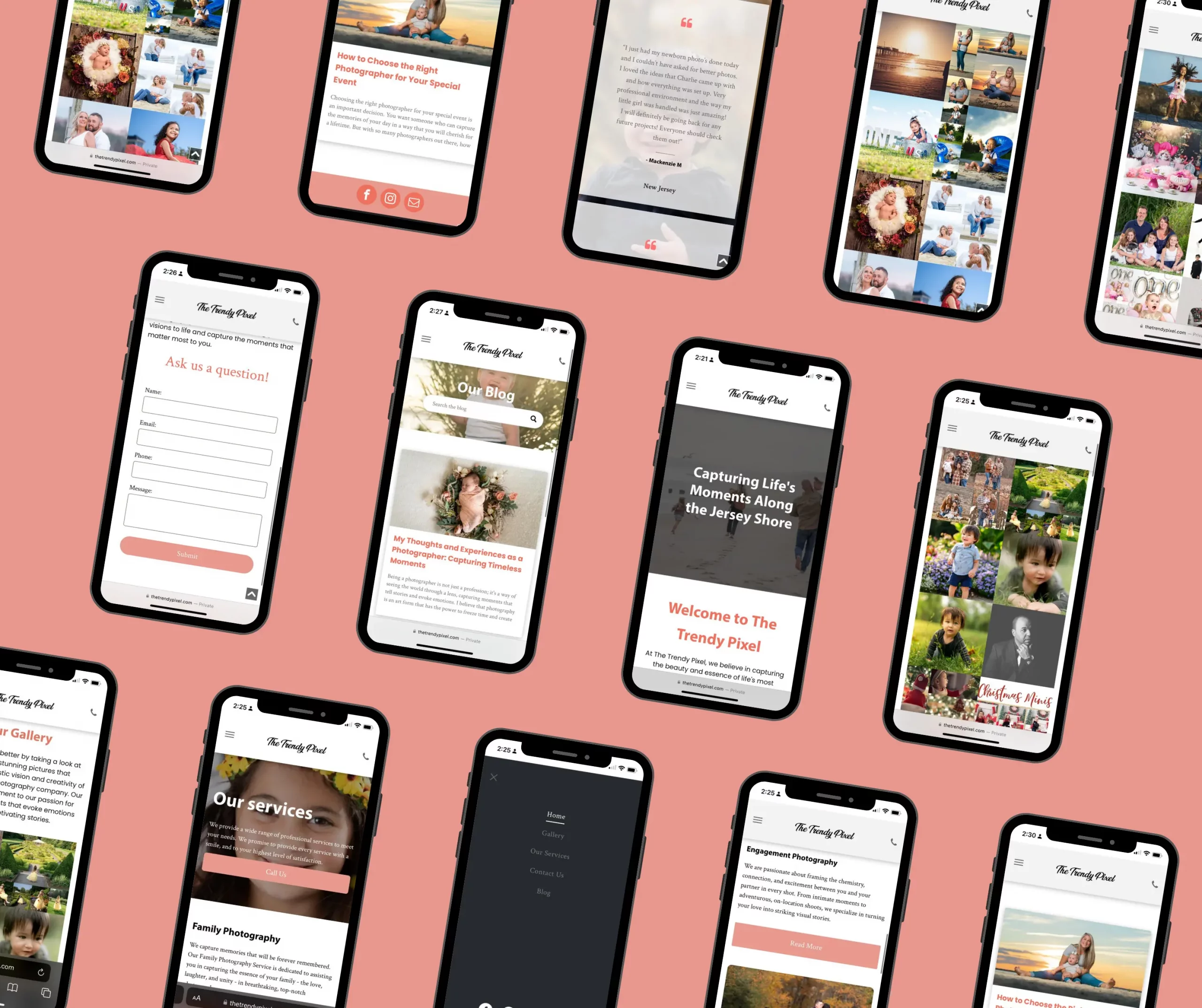 mockup of The Trendy Pixel mobile site, pink